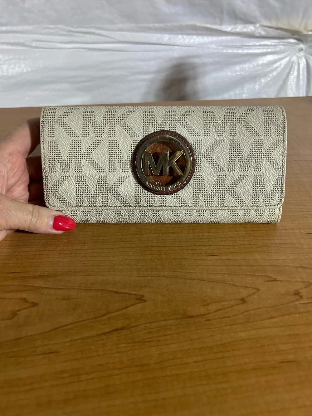 Michael Kors Cream Monogram Continental Wallet with Logo Emblem